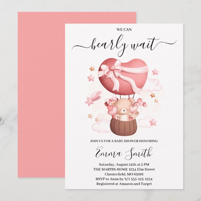 Invitación Ducha de bebé Globo Aerostático de Osito (Anverso / Reverso)