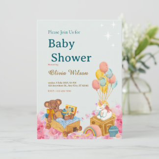 Invitación Ducha de bebé Globo aerostático de osito de acuare