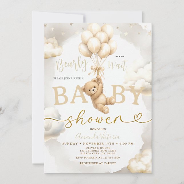 Invitación Ducha de bebé Globo Oso Boho Beige Neutral (Anverso)