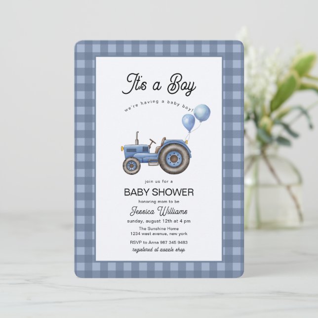 Invitación Ducha de bebé Globo Tractor de Gingham Azul (Anverso de pie)