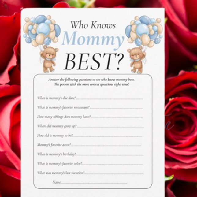 Invitación Ducha de bebé. globos de teddy azul Quién Sabe Mam (Celebrate your baby shower with adorable blue teddy bear decor and fun Mommy or Daddy games. )