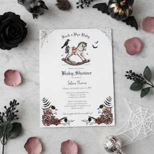 Invitación Ducha de Bebé Gótica con Caballo de Balanza y Rosa