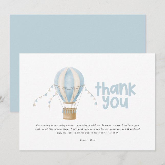Invitación Ducha de bebé gracias globo de aire caliente azul (Anverso / Reverso)