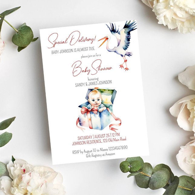 Invitación Ducha de bebé graciosa de parto especial de cigüeñ (Special delivery stork baby sitting in a gift box funny baby shower template invitation download)