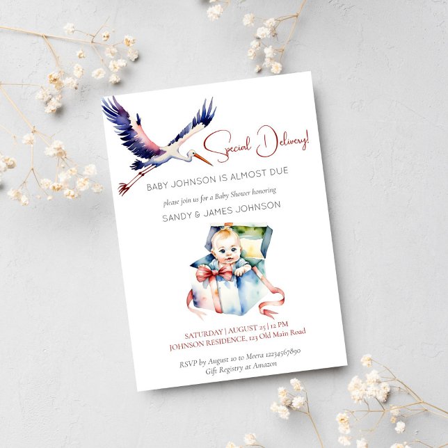 Invitación Ducha de bebé graciosa de parto especial de cigüeñ (Special delivery stork funny cute baby shower template invitation instant download baby in a box)