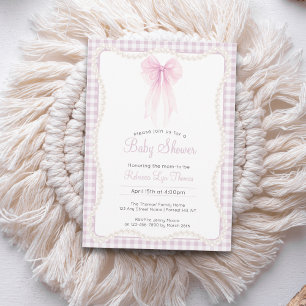 Invitación Ducha de bebé grandiosa de gingham de color rosa p