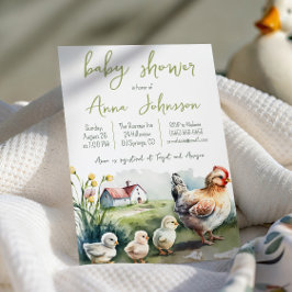 Invitación Ducha de bebé Granja de Acuarela Gallina con Polli