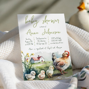 Invitación Ducha de bebé Granja de Acuarela Gallina con Polli