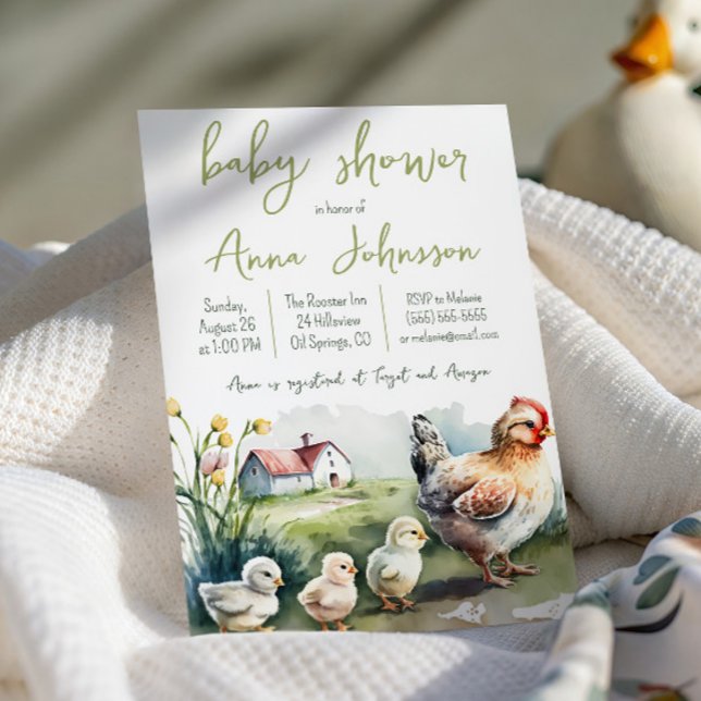 Invitación Ducha de bebé Granja de Acuarela Gallina con Polli (Subido por el creador)