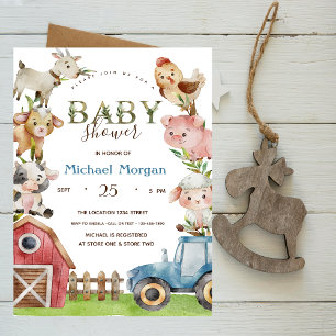Invitación Ducha de bebé Granja de Acuarela Tractor Establo