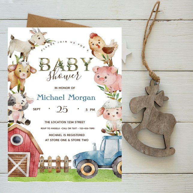 Invitación Ducha de bebé Granja de Acuarela Tractor Establo (Subido por el creador)