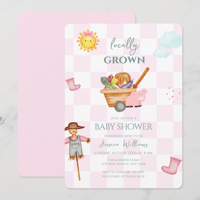 Invitación Ducha de bebé granjero con cuadros rosados de ging (Anverso / Reverso)
