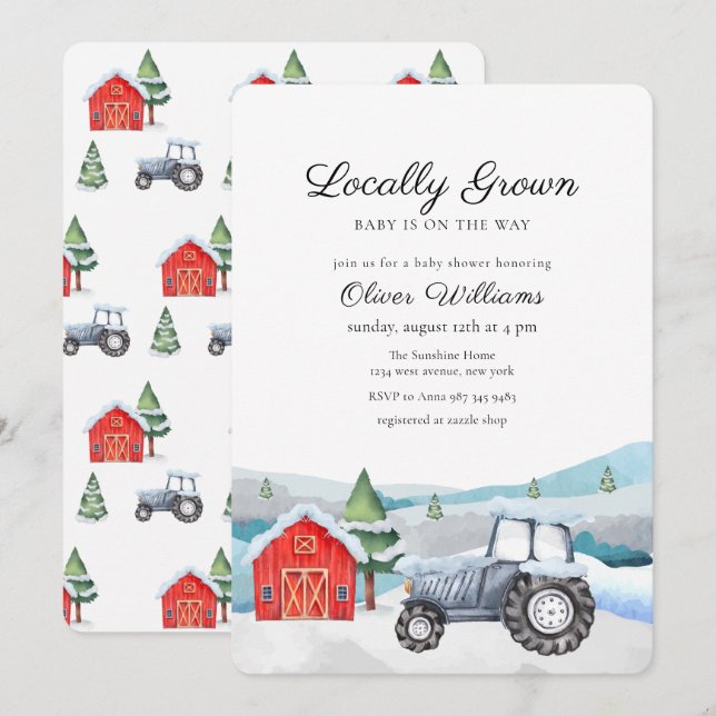 Invitación Ducha de bebé Granjero de Invierno Azul Tractor de (Anverso / Reverso)