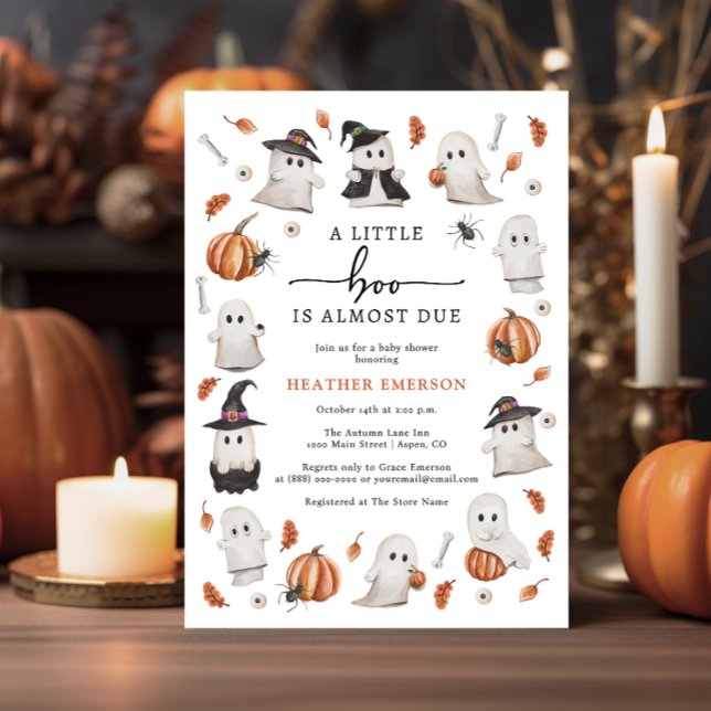 Invitación Ducha de bebé Halloween Boo (A Little Boo Is Almost Due Halloween Baby Shower Invitation by Painted Paperie)