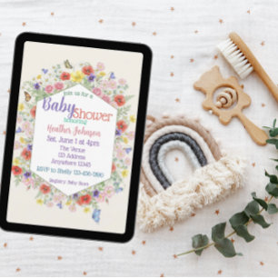 Invitación Ducha de Bebé Hexágono Mariposa Flor Silvestre