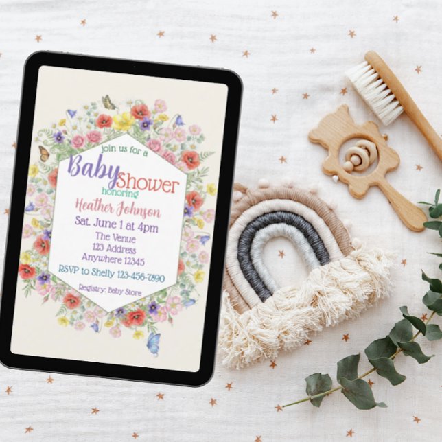 Invitación Ducha de Bebé Hexágono Mariposa Flor Silvestre (Subido por el creador)