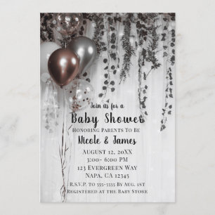 Invitación Ducha de Bebé Hiedra con Globos Rosados de Plata y