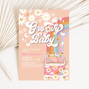 Invitación Ducha de bebé hippie arcoíris margarita rosa furgo