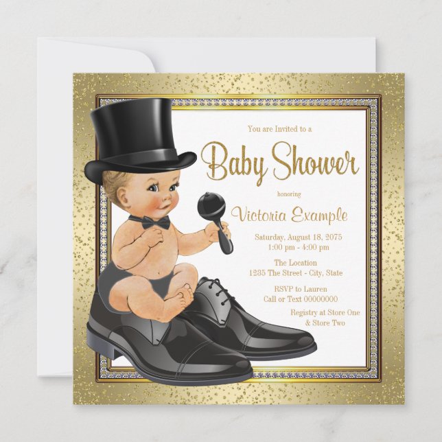 Invitación Ducha de Bebé Hombre Pequeño de Oro Negro (Anverso)