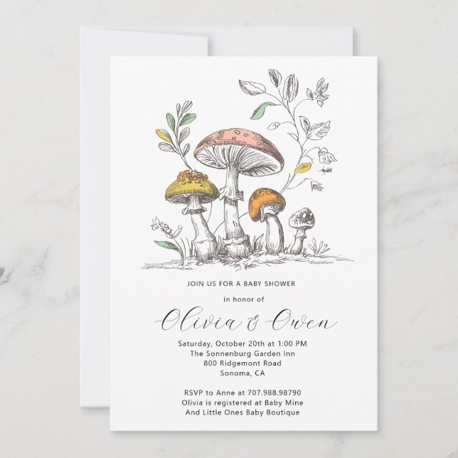Invitación Ducha de Bebé Hongos Bosque Acuarela (Anverso)