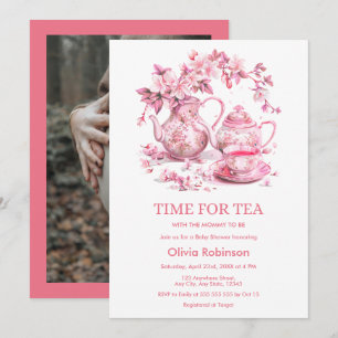 Invitación Ducha de bebé Hora del té en tetera floral fotográ