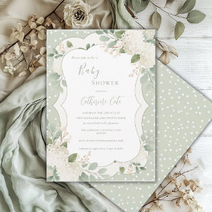 Invitación Ducha de Bebé Hortensias Blancas Floral Verde Sage