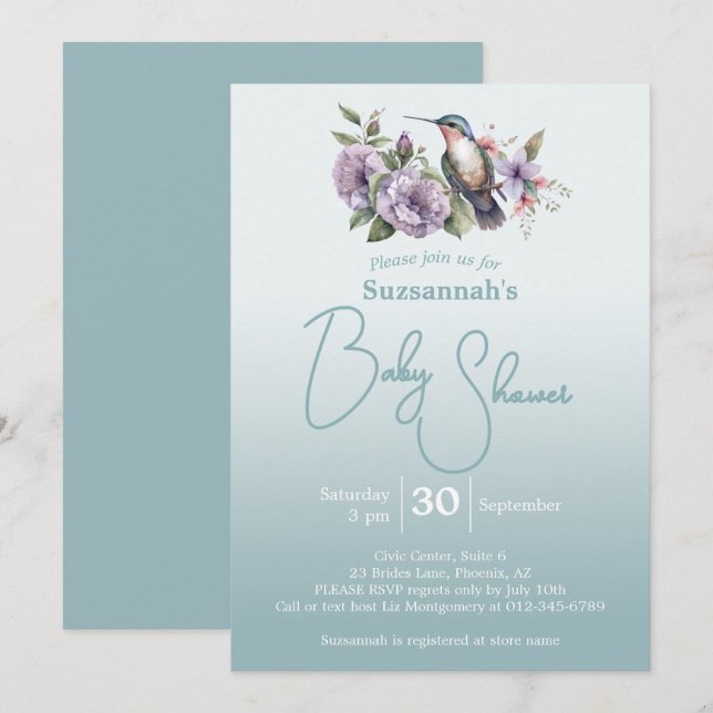 Invitación Ducha de Bebé Humming Bird Aqua Ombre  (Anverso / Reverso)