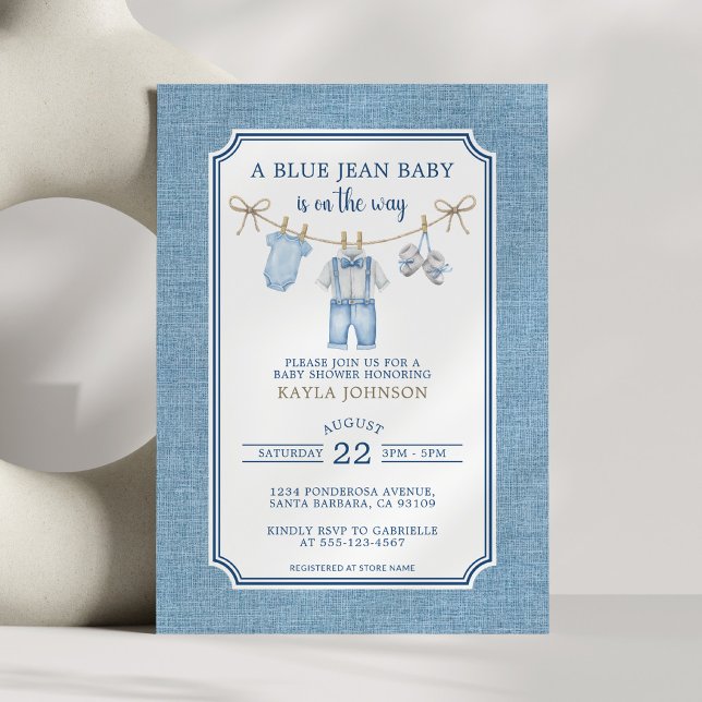 Invitación Ducha de bebé Jean Azul Acuarela Cuerda de ropa (Subido por el creador)