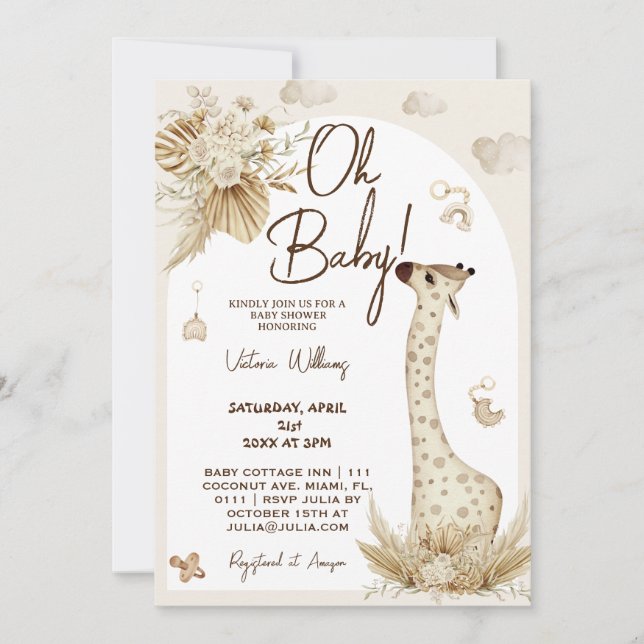 Invitación ducha de bebé jirafa boho guardería (Anverso)