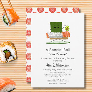 Invitación Ducha de Bebé Kawaii: Tema de Sushi y Rollo de Sal