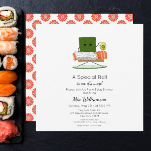 Invitación Ducha de Bebé Kawaii: Tema de Sushi y Rollo de Sal