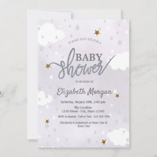 Invitación Ducha de bebé Lavanda Estrellas y Nubes