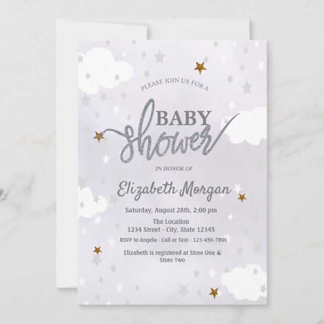 Invitación Ducha de bebé Lavanda Estrellas y Nubes (Anverso)