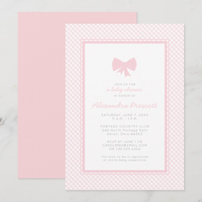 Invitación ducha de bebé lazo rosa a cuadros (Anverso / Reverso)