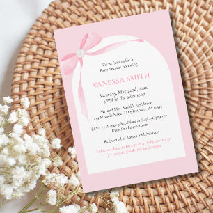 Invitación Ducha de Bebe Lazo Rosa Perla Blanca Niña Moderna