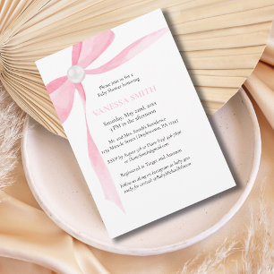 Invitación Ducha de Bebe Lazo Rosa Perla Blanca Niña Moderna