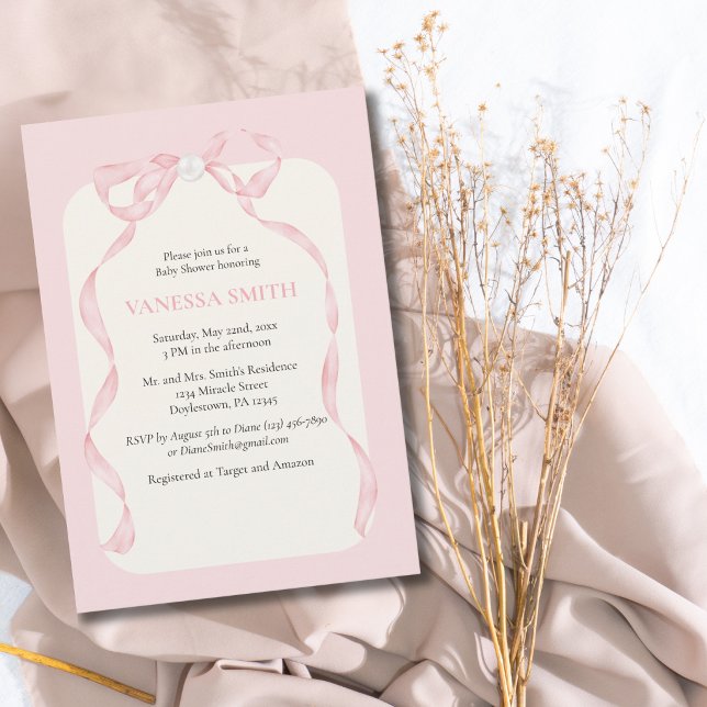 Invitación Ducha de Bebe Lazo Rosa Perla Niña Moderna (Subido por el creador)