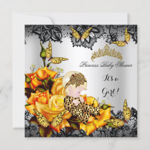 Invitación Ducha de bebé leopardo niña mariposa amarillo gris