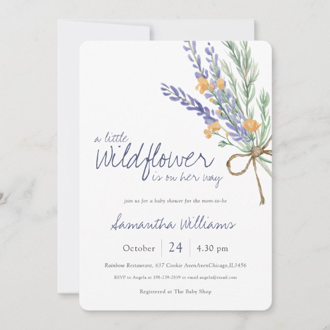 Invitación Ducha de Bebé Lila Lavanda Flor Silvestre (Anverso)