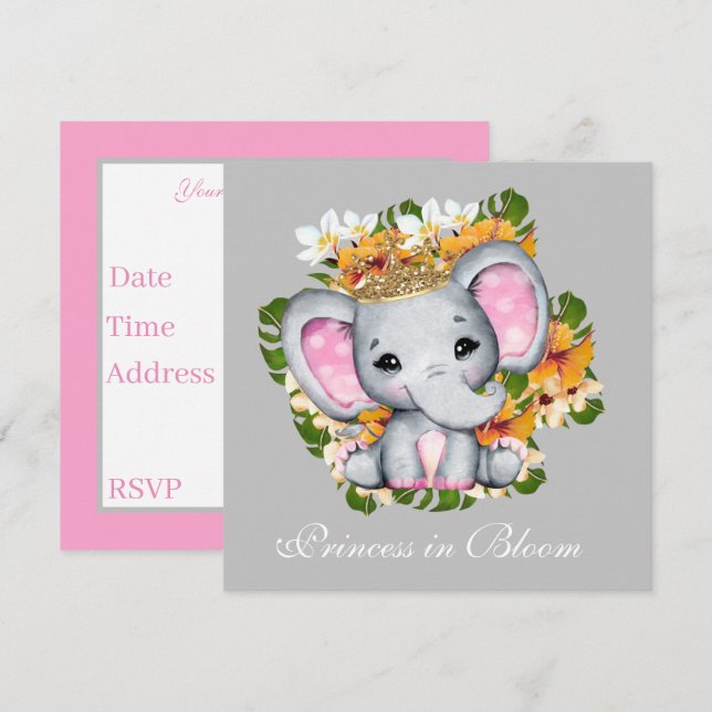Invitación ducha de bebé linda elefante de flor de princesa (Anverso / Reverso)