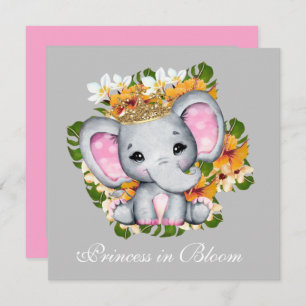 Invitación ducha de bebé linda elefante de flor de princesa