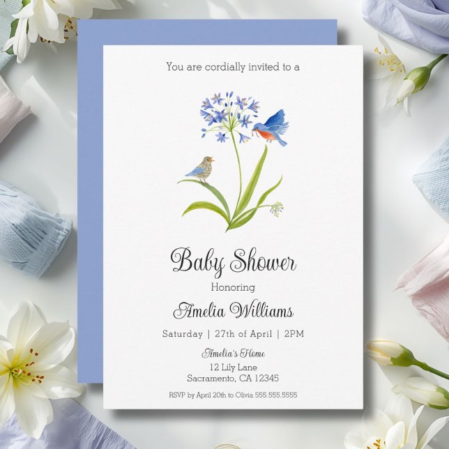 Invitación Ducha de bebé lirio con madre y bebé pájaro azul (Subido por el creador)