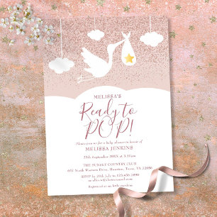 Invitación Ducha de Bebé Lista para Estallar Cigüeña Rosa Dor