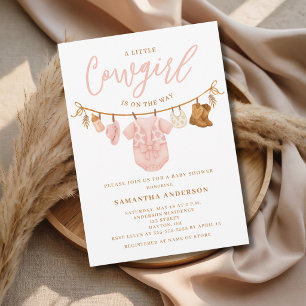 Invitación Ducha de bebé Little Cowgirl Pink Clothesline