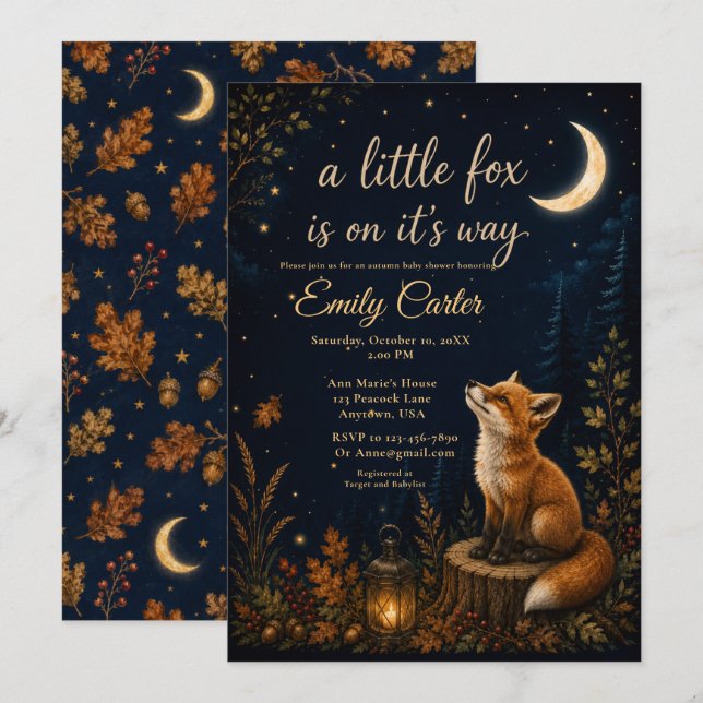 Invitación Ducha de bebé Little Fox Fall (Anverso / Reverso)