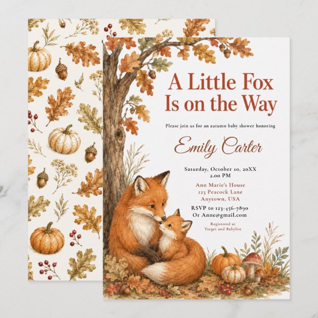 Invitación Ducha de Bebé Little Fox Fall (Anverso / Reverso)