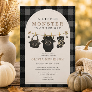 Invitación Ducha de bebé Little Monster Gingham Clothesline
