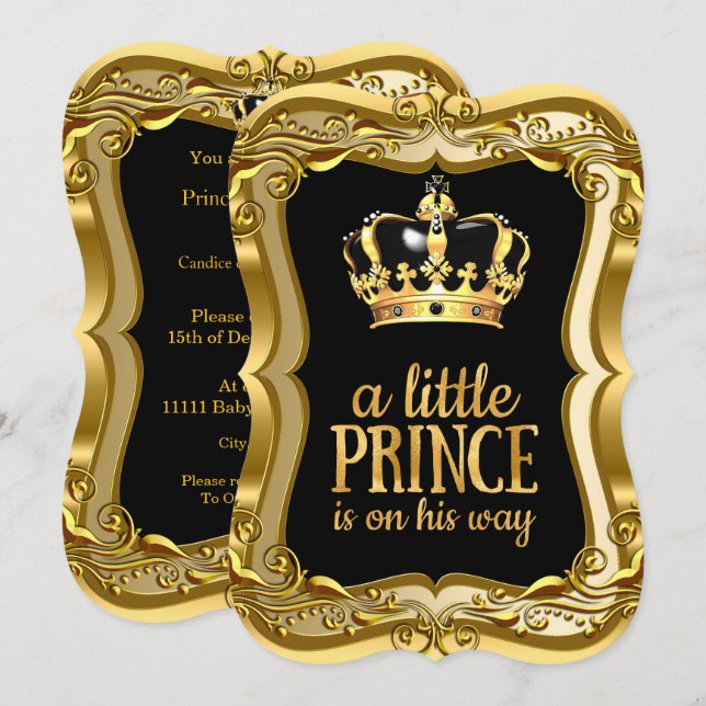 Invitación Ducha de bebé Little Prince Negro Hoja de Oro Fals (Anverso / Reverso)