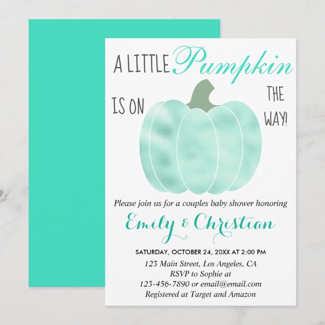 Invitación Ducha de bebé Little Pumpkin Aqua Turquesa Brillo (Anverso / Reverso)