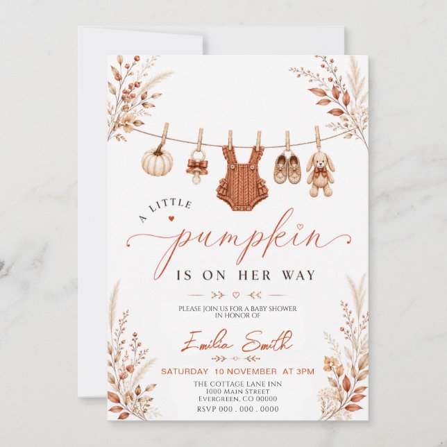 Invitación Ducha de bebé Little Pumpkin Boho Otoño Ropa de be (Anverso)